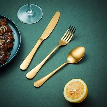 Silverware Flatware Cultery Set, Yumuaua 20-piece Stainless Steel Tableware Eating Utensil Set for 4, Include Spoons Forks Knives, Mirror finish, Dishwasher Safe (Gold)