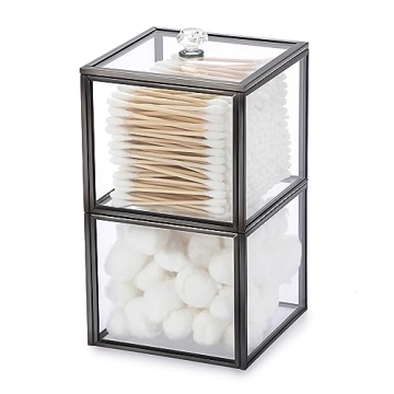Hipiwe Glass Qtip Holder Dispenser 2-Tier Stackable Apothecary Jar with Lid Clear Bathroom Container...