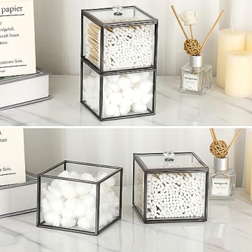 Hipiwe Glass Qtip Holder Dispenser 2-Tier Stackable Apothecary Jar with Lid Clear Bathroom Containers Cotton Ball & Swab Canister Vanity Organizer for Q-tip, Cotton Round, Floss, Makeup Pads