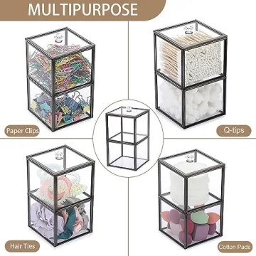 Hipiwe Glass Qtip Holder Dispenser 2-Tier Stackable Apothecary Jar with Lid Clear Bathroom Containers Cotton Ball & Swab Canister Vanity Organizer for Q-tip, Cotton Round, Floss, Makeup Pads