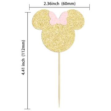 Gyufise 36 Pack Mouse Inspired Cupcake Toppers with Pink Bow Gold Glitter Mouse Cake Decorations for...