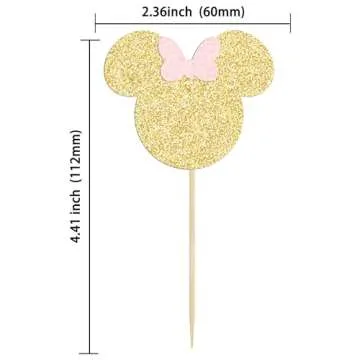 Gyufise 36 Pack Mouse Inspired Cupcake Toppers with Pink Bow Gold Glitter Mouse Cake Decorations for...