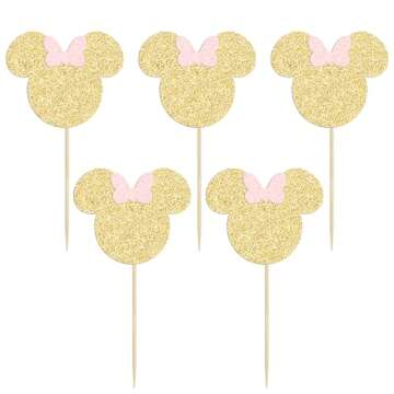 Gyufise 36 Pack Mouse Inspired Cupcake Toppers with Pink Bow Gold Glitter Mouse Cake Decorations for Baby Shower Wedding Kids Birthday Party Cake Decorations Supplies