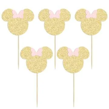 Gyufise 36 Pack Mouse Inspired Cupcake Toppers with Pink Bow Gold Glitter Mouse Cake Decorations for Baby Shower Wedding Kids Birthday Party Cake Decorations Supplies