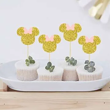 Gyufise 36 Pack Mouse Inspired Cupcake Toppers with Pink Bow Gold Glitter Mouse Cake Decorations for Baby Shower Wedding Kids Birthday Party Cake Decorations Supplies