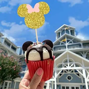 Gyufise 36 Pack Mouse Inspired Cupcake Toppers with Pink Bow Gold Glitter Mouse Cake Decorations for Baby Shower Wedding Kids Birthday Party Cake Decorations Supplies