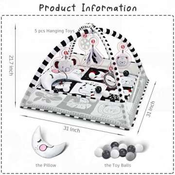 Baby Play Mat 8-in-1, Tummy Time Mat Black and White with Sensory Toys for Babies and Tummy Time Pil...