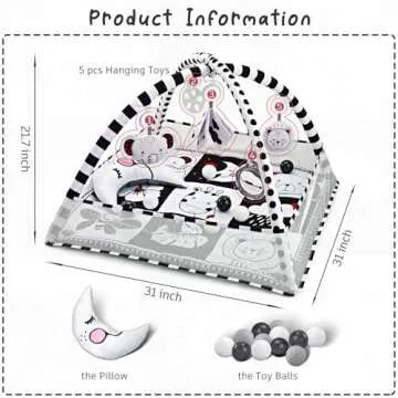 Baby Play Mat 8-in-1, Tummy Time Mat Black and White with Sensory Toys for Babies and Tummy Time Pil...