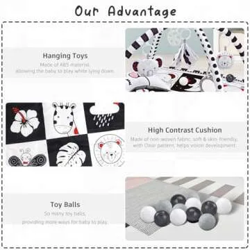 Baby Play Mat 8-in-1, Tummy Time Mat Black and White with Sensory Toys for Babies and Tummy Time Pillow Baby Play Gym Activity Mat for Newborn Infant Baby Play Mat for Floor Easy to Install