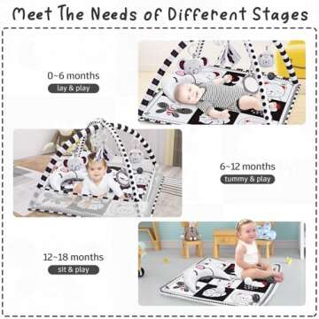 Baby Play Mat 8-in-1, Tummy Time Mat Black and White with Sensory Toys for Babies and Tummy Time Pillow Baby Play Gym Activity Mat for Newborn Infant Baby Play Mat for Floor Easy to Install