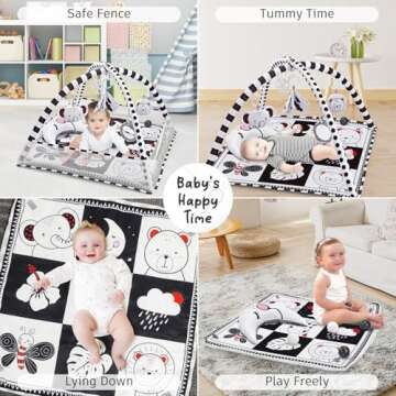 Baby Play Mat 8-in-1, Tummy Time Mat Black and White with Sensory Toys for Babies and Tummy Time Pillow Baby Play Gym Activity Mat for Newborn Infant Baby Play Mat for Floor Easy to Install