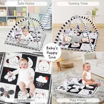 Baby Play Mat 8-in-1, Tummy Time Mat Black and White with Sensory Toys for Babies and Tummy Time Pillow Baby Play Gym Activity Mat for Newborn Infant Baby Play Mat for Floor Easy to Install