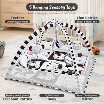 Baby Play Mat 8-in-1, Tummy Time Mat Black and White with Sensory Toys for Babies and Tummy Time Pillow Baby Play Gym Activity Mat for Newborn Infant Baby Play Mat for Floor Easy to Install