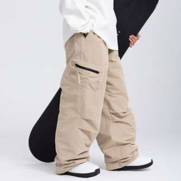 SNOWVERB Womens Mens Baggy Ski Insulated Pants Waterproof Cargo Snow Pants Snowboard Outdoor Hiking Pants for Winter Sports (XL, Khaki)