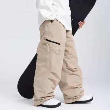 SNOWVERB Womens Mens Baggy Ski Insulated Pants Waterproof Cargo Snow Pants Snowboard Outdoor Hiking Pants for Winter Sports (XL, Khaki)
