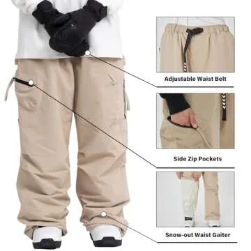 SNOWVERB Womens Mens Baggy Ski Insulated Pants Waterproof Cargo Snow Pants Snowboard Outdoor Hiking Pants for Winter Sports (XL, Khaki)