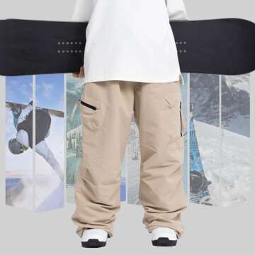 SNOWVERB Womens Mens Baggy Ski Insulated Pants Waterproof Cargo Snow Pants Snowboard Outdoor Hiking Pants for Winter Sports (XL, Khaki)
