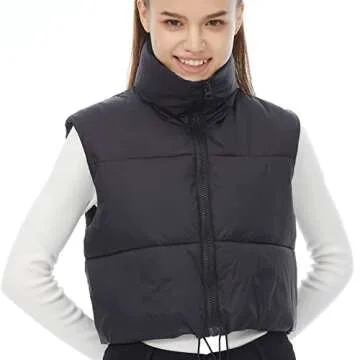 HAOZHIYU Women's Winter Outerwear Vests Crop Puffer Vest Lightweight Sleeveless Padded High Stand Collar Jacket Black S
