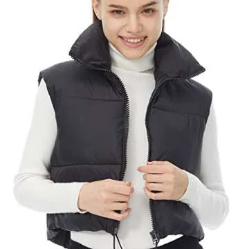 HAOZHIYU Women's Winter Outerwear Vests Crop Puffer Vest Lightweight Sleeveless Padded High Stand Collar Jacket Black S