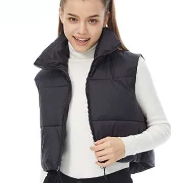 HAOZHIYU Women's Winter Outerwear Vests Crop Puffer Vest Lightweight Sleeveless Padded High Stand Collar Jacket Black S