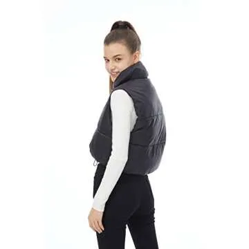 HAOZHIYU Women's Winter Outerwear Vests Crop Puffer Vest Lightweight Sleeveless Padded High Stand Collar Jacket Black S
