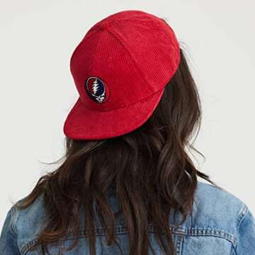 Ripple Junction Grateful Dead Embroidered Steal Your Face Hat SYF Stealie Logo Red Corduroy Retro Vintage Adjustable Flat Bill Baseball Cap