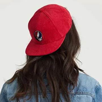 Ripple Junction Grateful Dead Embroidered Steal Your Face Hat SYF Stealie Logo Red Corduroy Retro Vintage Adjustable Flat Bill Baseball Cap