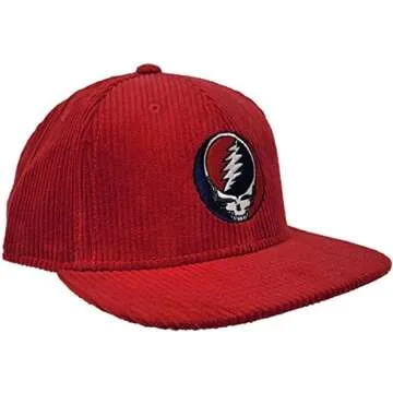 Ripple Junction Grateful Dead Embroidered Steal Your Face Hat SYF Stealie Logo Red Corduroy Retro Vintage Adjustable Flat Bill Baseball Cap