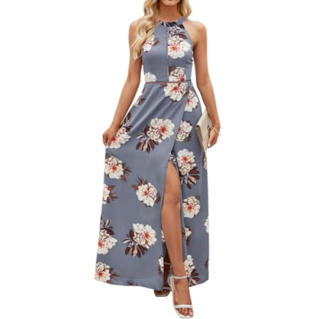 ZESICA Women's Halter Neck Floral Print Backless Split Beach Party Maxi Dress,Grey,X-Large