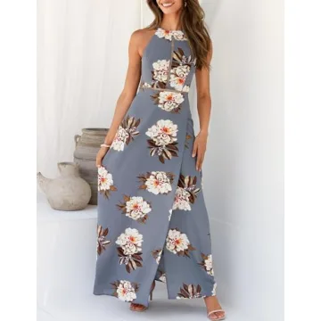 ZESICA Women's Halter Neck Floral Print Backless Split Beach Party Maxi Dress,Grey,X-Large
