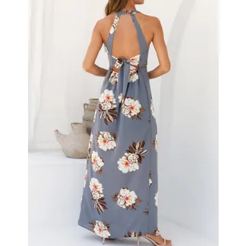 ZESICA Women's Halter Neck Floral Print Backless Split Beach Party Maxi Dress,Grey,X-Large