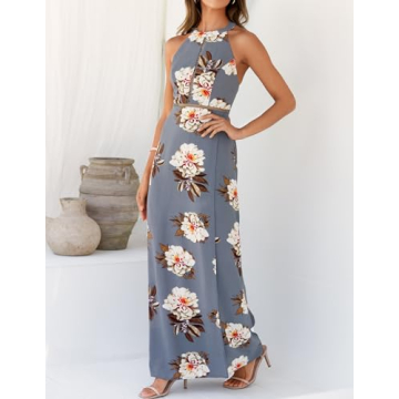ZESICA Women's Halter Neck Floral Print Backless Split Beach Party Maxi Dress,Grey,X-Large