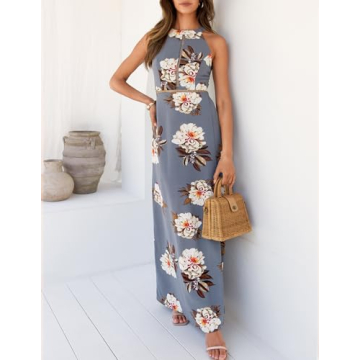 ZESICA Women's Halter Neck Floral Print Backless Split Beach Party Maxi Dress,Grey,X-Large