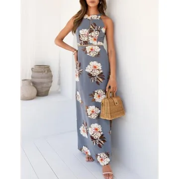 ZESICA Women's Halter Neck Floral Print Backless Split Beach Party Maxi Dress,Grey,X-Large