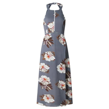 ZESICA Women's Halter Neck Floral Print Backless Split Beach Party Maxi Dress,Grey,X-Large