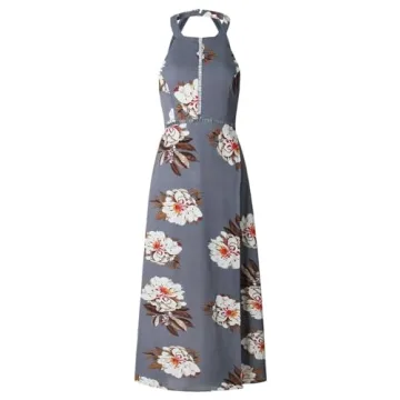 ZESICA Women's Halter Neck Floral Print Backless Split Beach Party Maxi Dress,Grey,X-Large