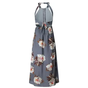 ZESICA Women's Halter Neck Floral Print Backless Split Beach Party Maxi Dress,Grey,X-Large
