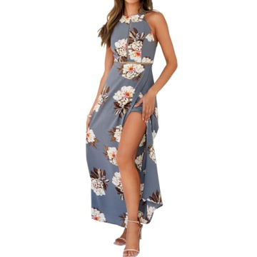 ZESICA Women's Halter Neck Floral Print Backless Split Beach Party Maxi Dress,Grey,X-Large