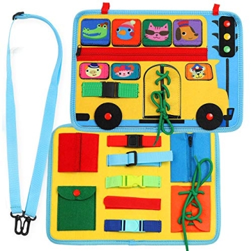 Toddler Busy Board, School Bus Preschool Educational Learning Toy, Basic Life Skills and Fine Motor ...