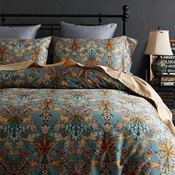 VM VOUGEMARKET Gold Duvet Cover Queen,Medallion Paisley Print Bedding Set 400 Thread Count Percale C...