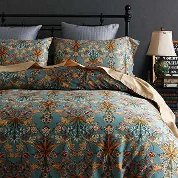 VM VOUGEMARKET Gold Duvet Cover Queen,Medallion Paisley Print Bedding Set 400 Thread Count Percale C...