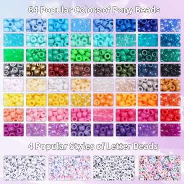 QUEFE 2350pcs, 64 Colors, Pony Beads for Bracelet Making Kit, Rainbow Kandi Beads Friendship Bracelet Kit, Letter Beads and Elastic Strings for Bracelet Necklace Making, Craft Gifts Set for Girls