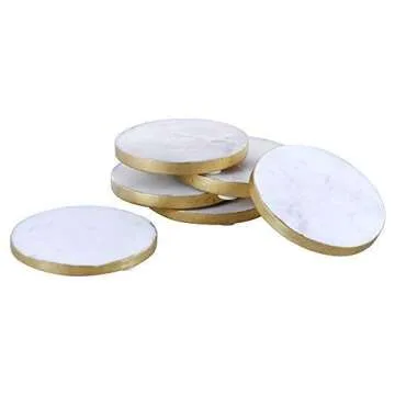 GoCraft Marble Gold Edge Coasters | Handcrafted White Marble Gold Painted Edge Coasters for Drinks, ...