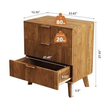 Mid-Century 3 Drawers Bedside Table Cabinet, Modern Nightstand with 3 Drawer and Solid Wood Legs, Co...