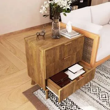 Mid-Century 3 Drawers Bedside Table Cabinet, Modern Nightstand with 3 Drawer and Solid Wood Legs, Contemporary 3-Drawer Nightstand, Mid Century Nightstand with 3 Storage Drawer for Bedroom (Walnut)