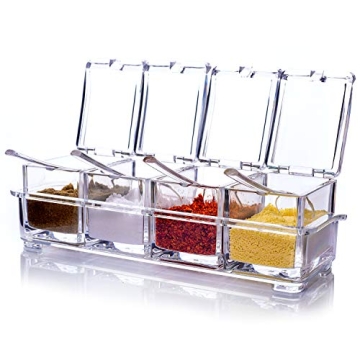 ME.FAN Clear Seasoning Rack Spice Pots - 4 Piece Acrylic Seasoning Box - Storage Container Condiment...