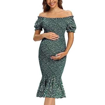 Maternity Summer Floral Midi Bodycon Dress, Square Neck, Ruffle Hem, Dark Green S