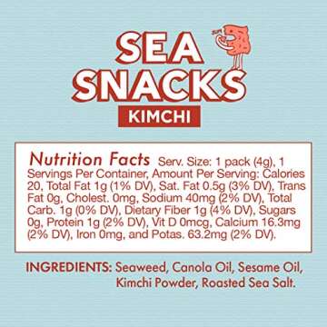 KPOP Foods Kimchi Sea Snacks - Premium Kimchi Flavored Seaweed Snacks. 20 Individual Snack Packs. Made with Korean Seaweed. Vegan, Keto, Low Calorie, Superfood.
