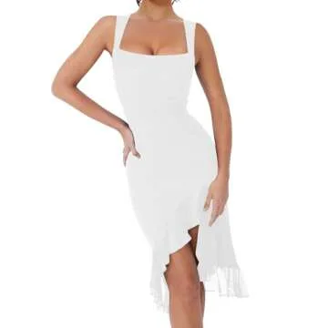 BORIFLORS Women's Sexy Ruched Bodycon Midi Dresses Square Neck Sleeveless Ruffle Hem Club Party Tank Dress, Medium, White