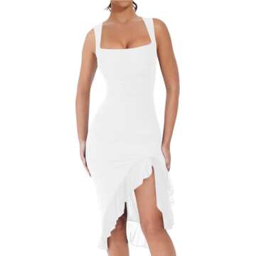 BORIFLORS Women's Sexy Ruched Bodycon Midi Dresses Square Neck Sleeveless Ruffle Hem Club Party Tank Dress, Medium, White